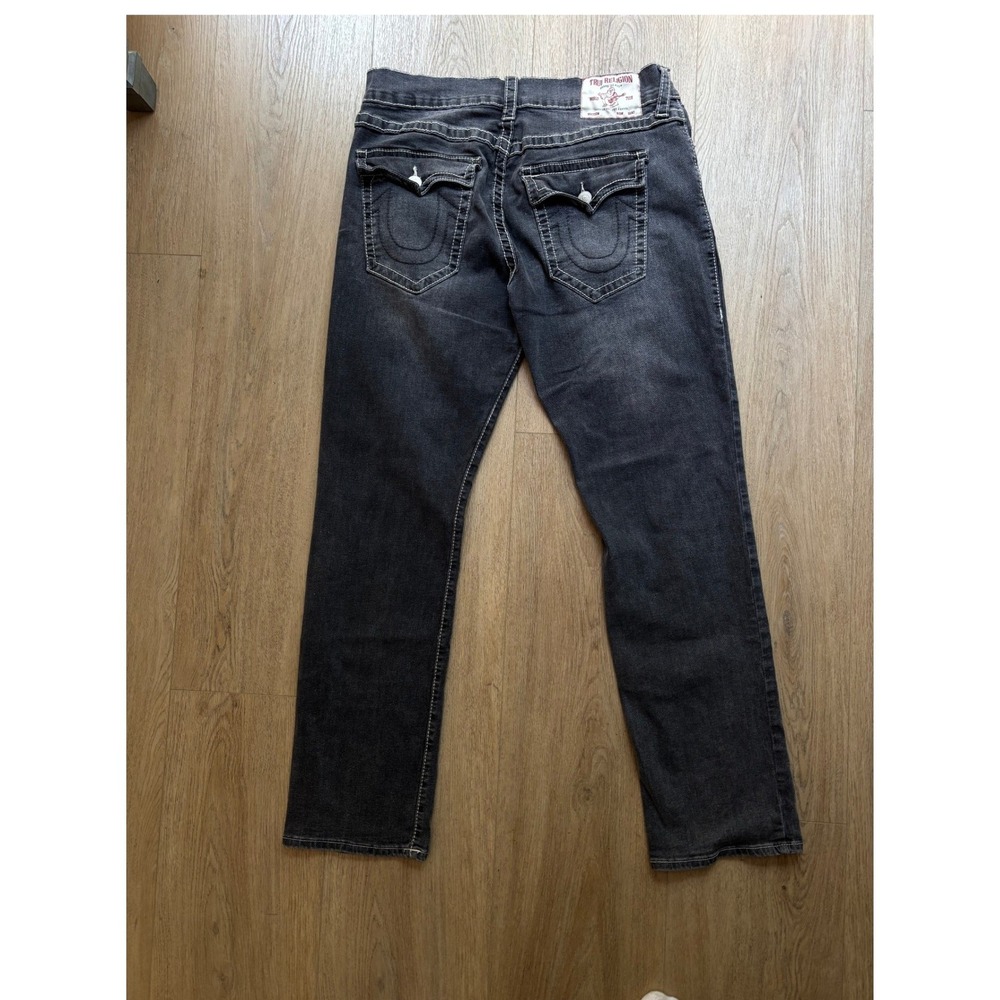True Religion Rick Relaxed Straight Jeans Mens 38 Black Faded Horseshoe Stitch